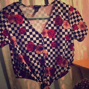Rue21 Checkered Roses Crop Top with Tie in Front